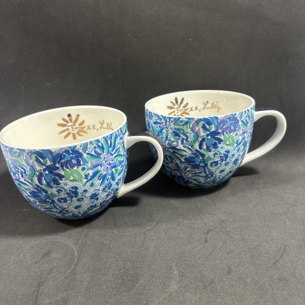 NEW (2 Pack) Lilly Pulitzer Ceramic 12oz Coffee Mug Tea Cups Blue Floral Lion